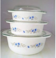 3pcs Blue Redberry Opal Glass Ware Casserole Bowl Set With Lid - Food Serving Dish Bowl